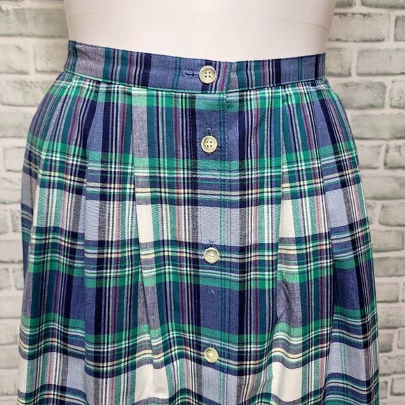 Vintage 80s Alfred Dunner M/L Blue Green White Plaid Button Front Midi Skirt USA - Picture 2 of 7